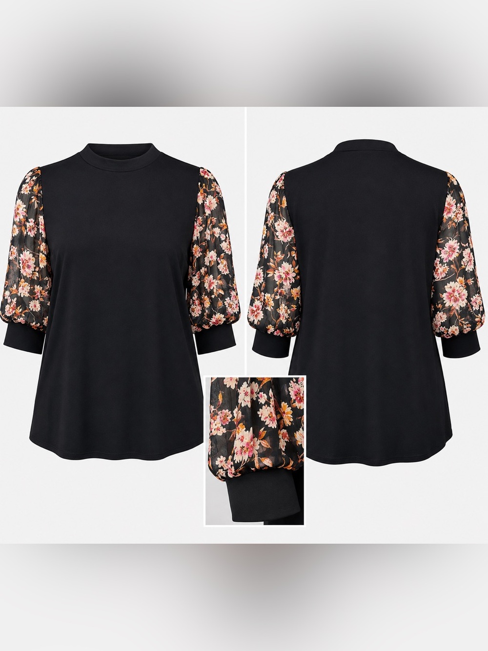 CeCe 2X Black Floral Puff Sleeve Blouse Plus Size Sheer Sleeve Top